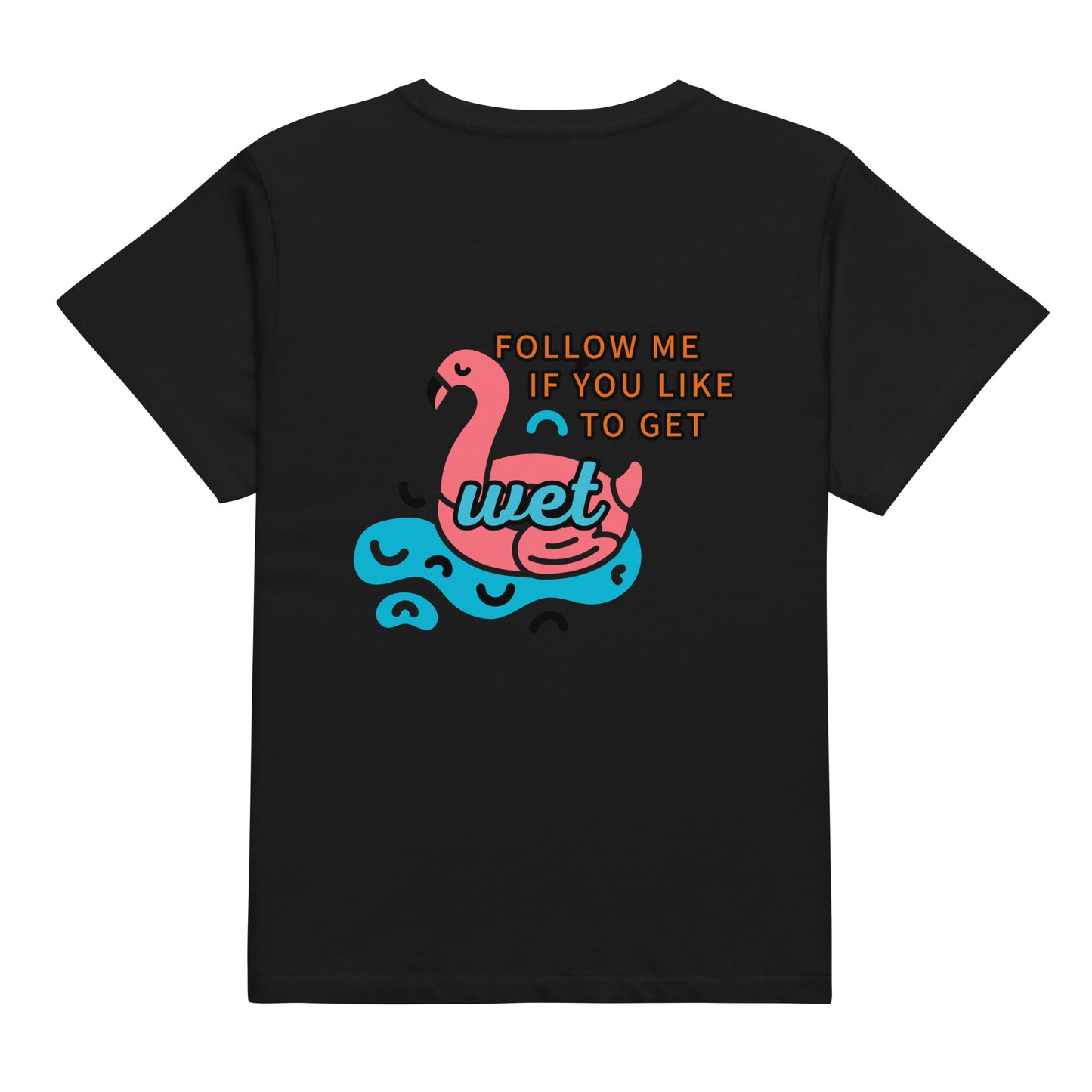 Women’s high-waisted Bird Bath T-shirt w/ Flamingo Back
