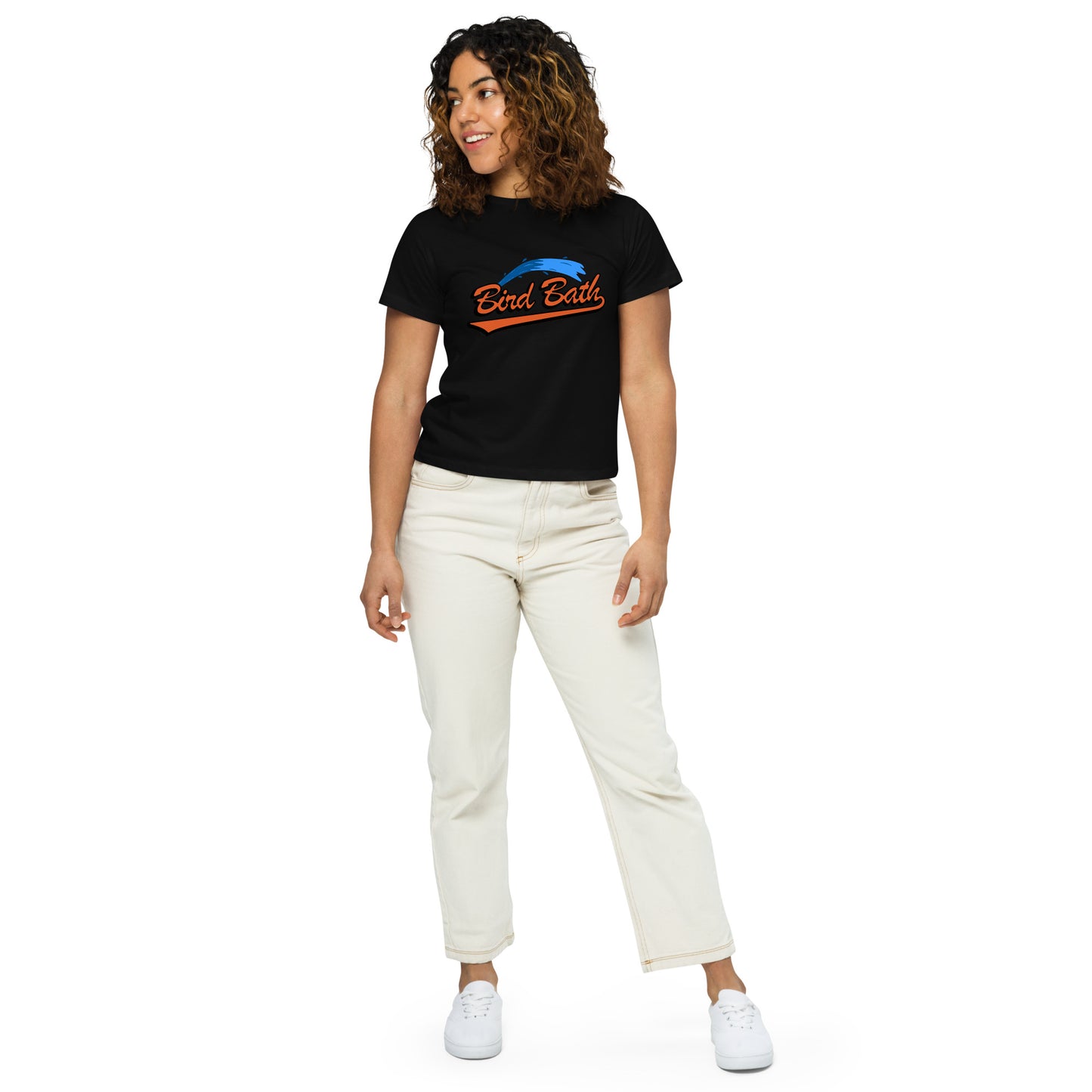 Women’s high-waisted Bird Bath T-shirt w/ Flamingo Back