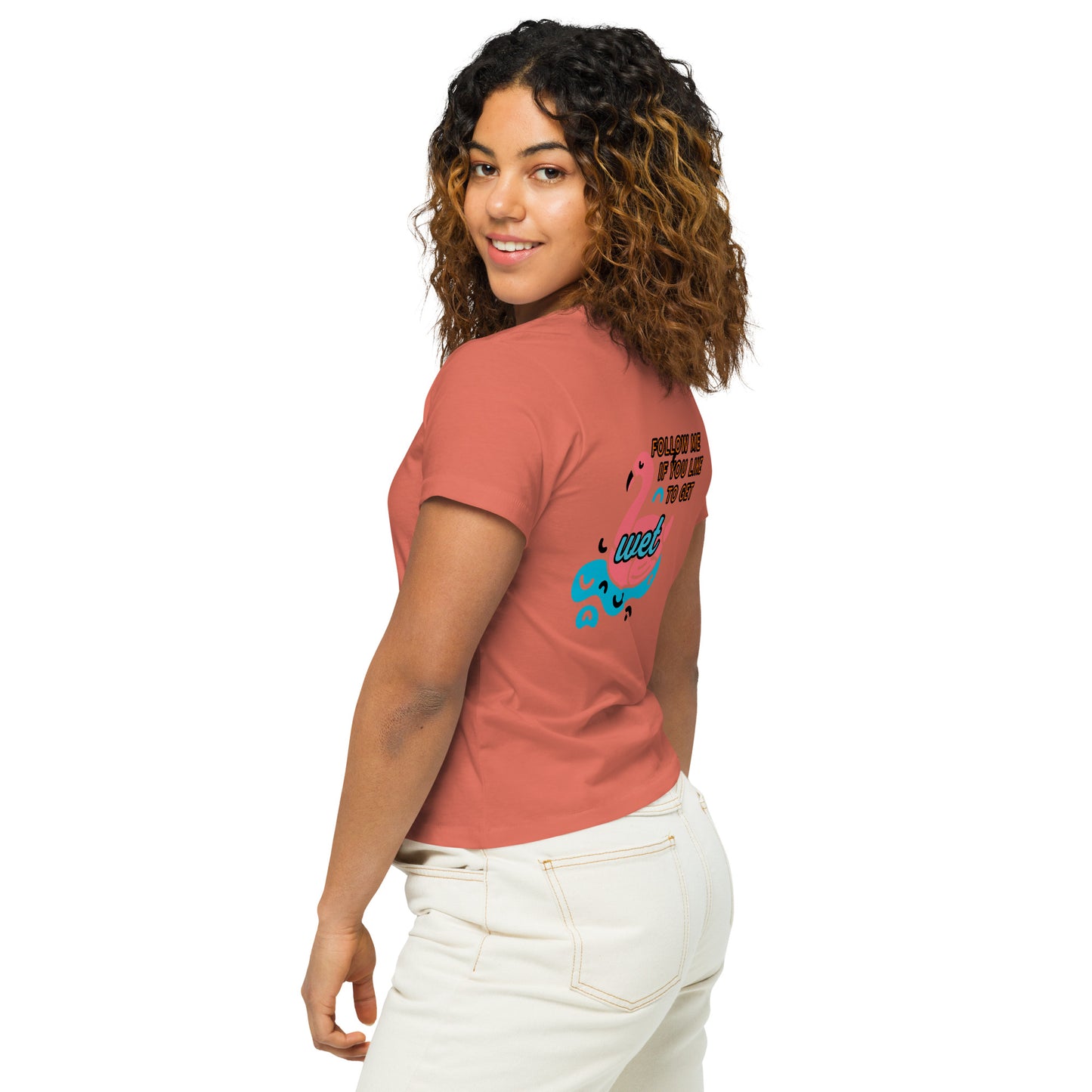 Women’s high-waisted Bird Bath T-shirt w/ Flamingo Back