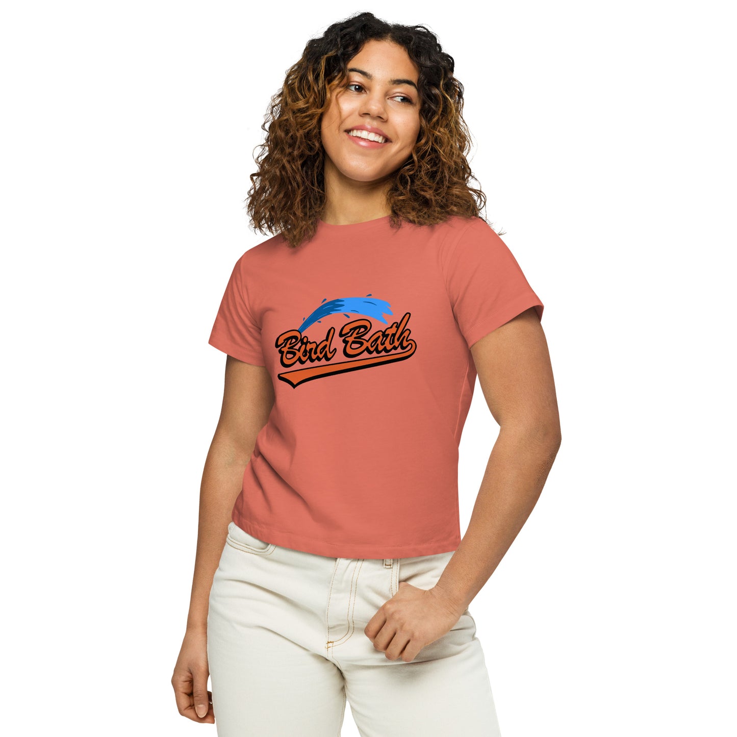 Women’s high-waisted Bird Bath T-shirt w/ Flamingo Back