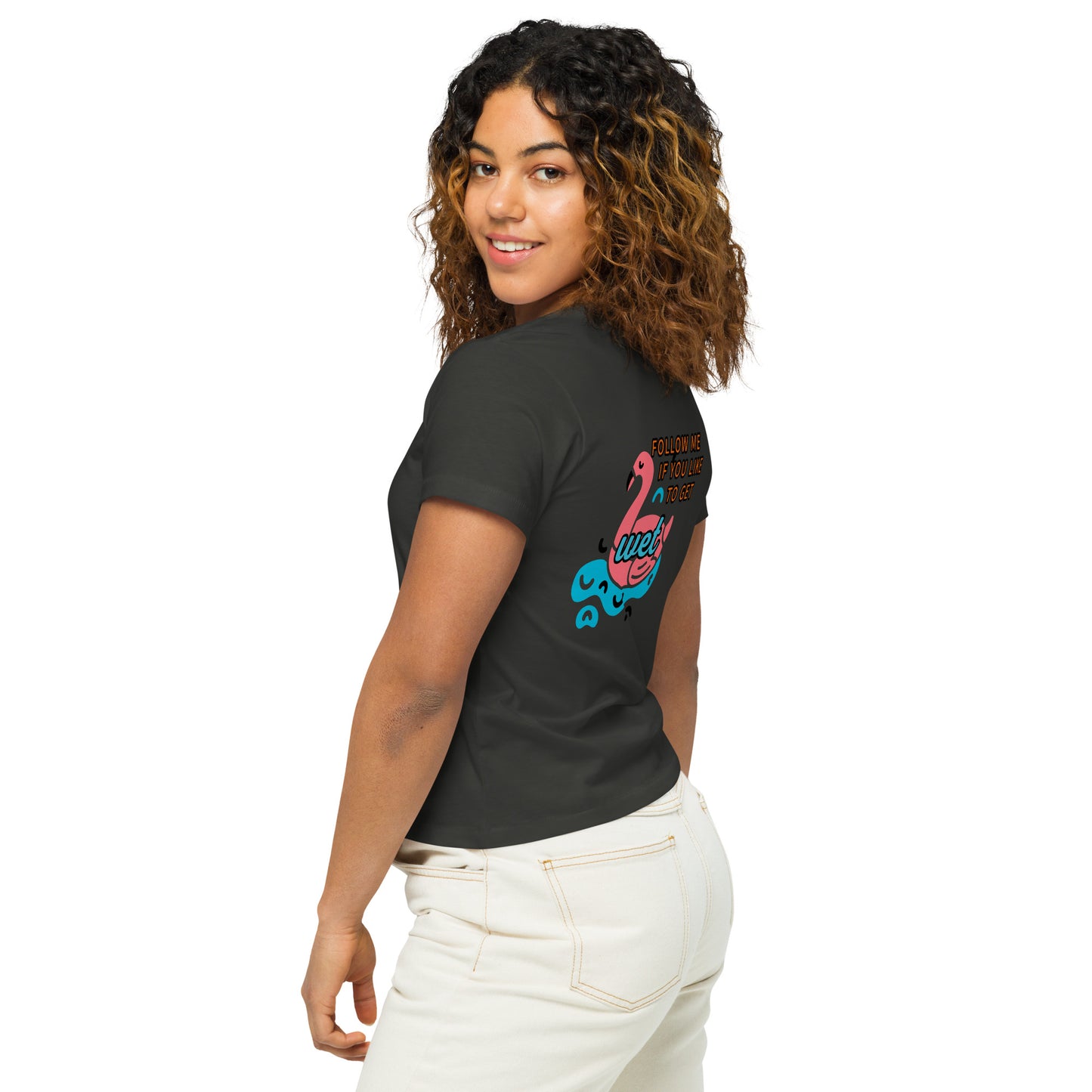 Women’s high-waisted Bird Bath T-shirt w/ Flamingo Back