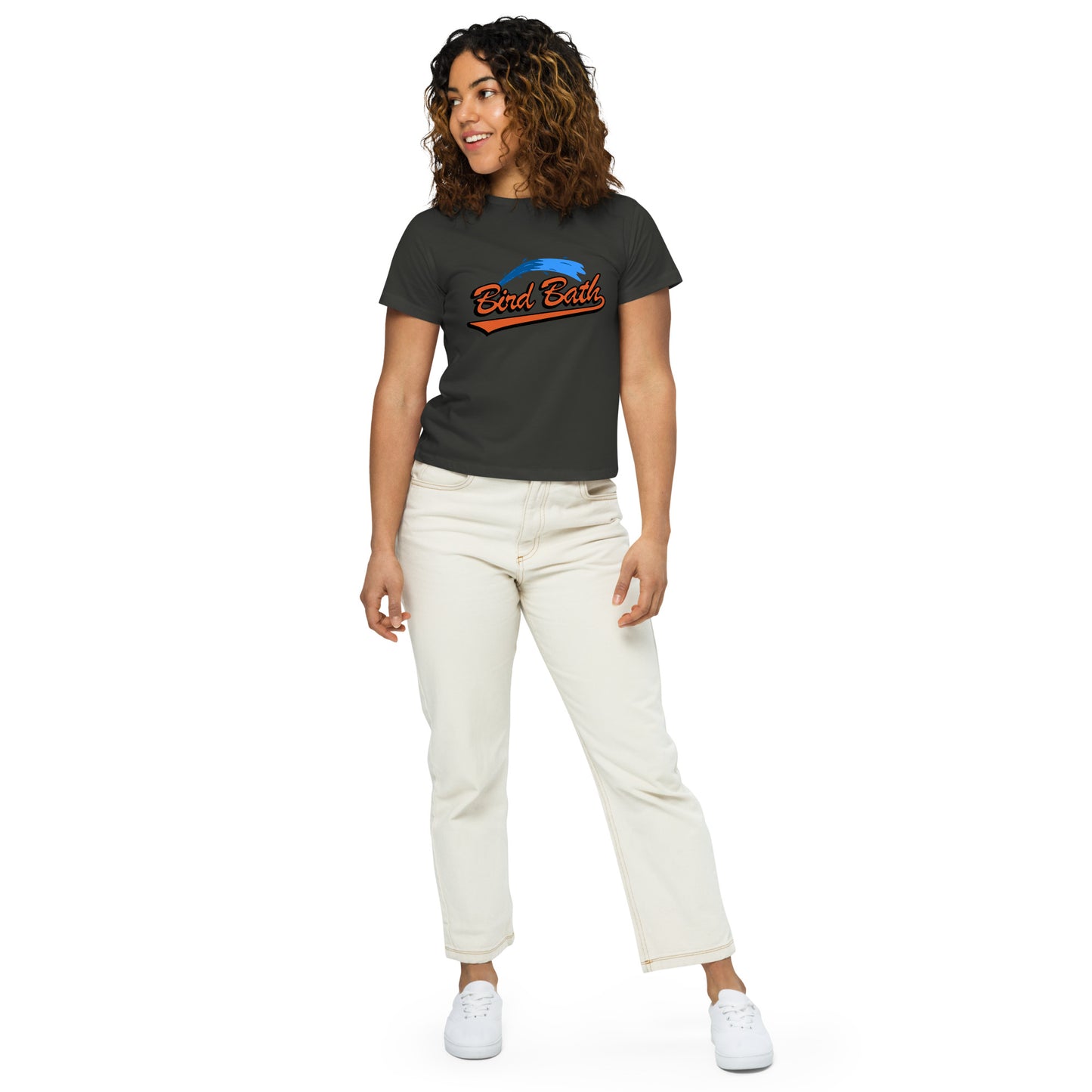 Women’s high-waisted Bird Bath T-shirt w/ Flamingo Back